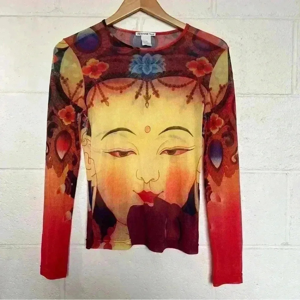 Vivienne Tam Vintage Semi Sheer Mesh Buddha Long Sleeve Top-Size 2